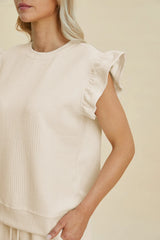 Double Take Full Size Texture Round Neck Ruffle Sleeve Top and Shorts Set - kinko