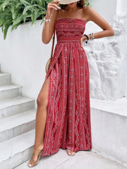Paisley Print Halter Neck Slit Wide Leg Jumpsuit - kinko