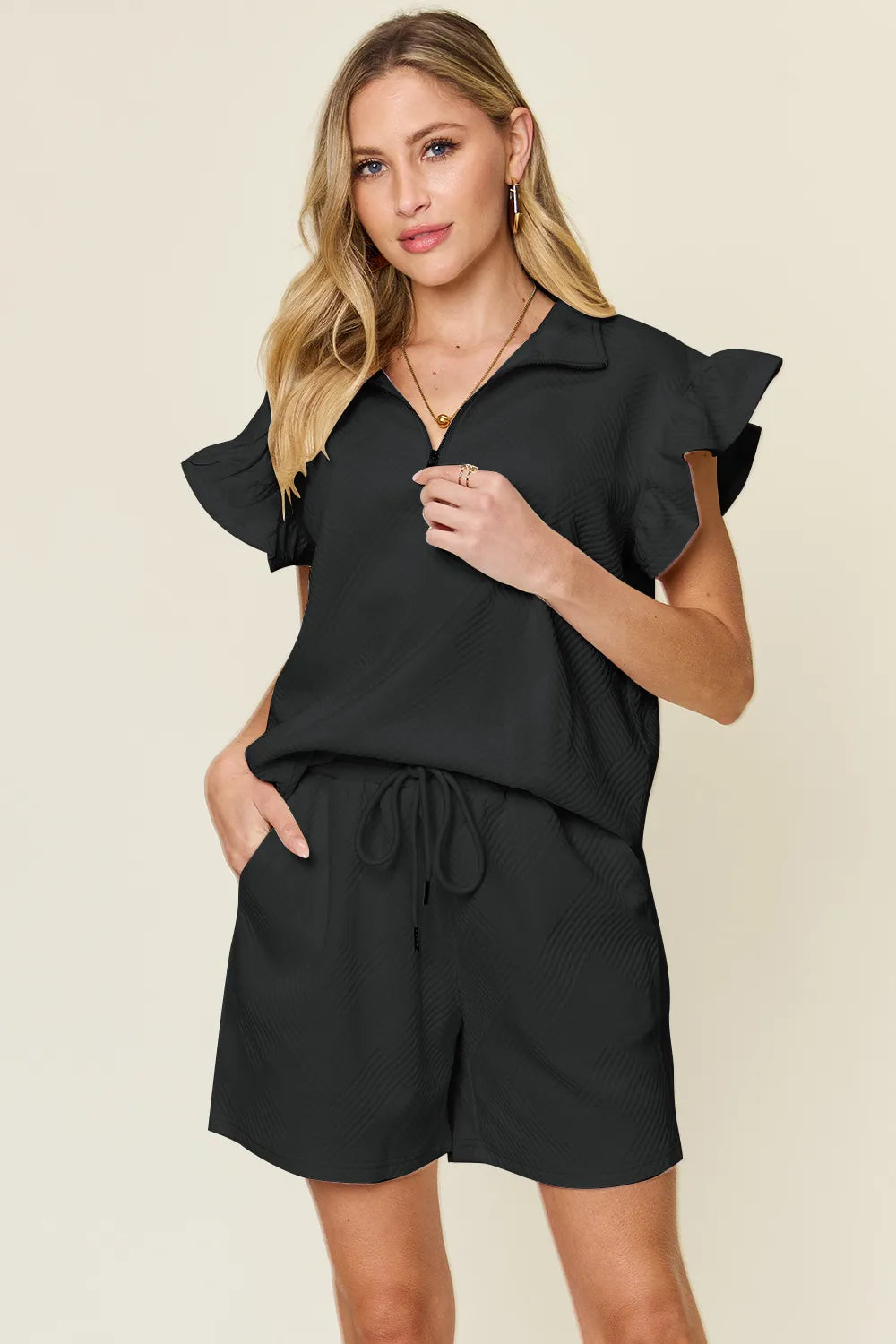 Double Take Full Size Texture Flounce Sleeve Top and Drawstring Shorts Set - kinko