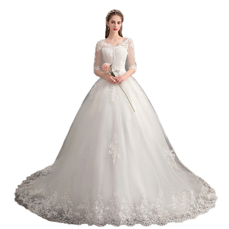 Wedding Dress Trailing Deep V Neck Lace High Waist Wedding Dress Long Sleeves - kinko
