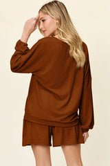 Double Take Full Size Texture V-Neck Long Sleeve T-Shirt and Shorts Set - kinko