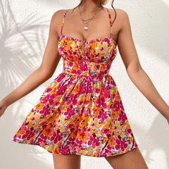 Women's Floral Print Dress Summer Lace-up Back Seaside Holiday Short Dresses - kinko