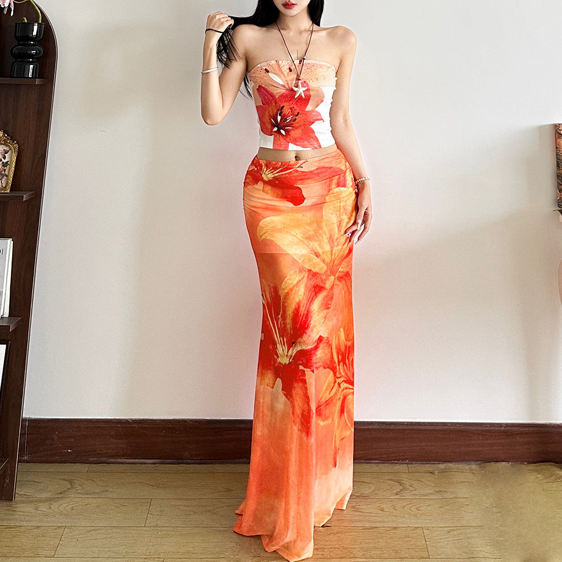Vacation Style Printed Semi See-through High Waist Slim Skirt - kinko