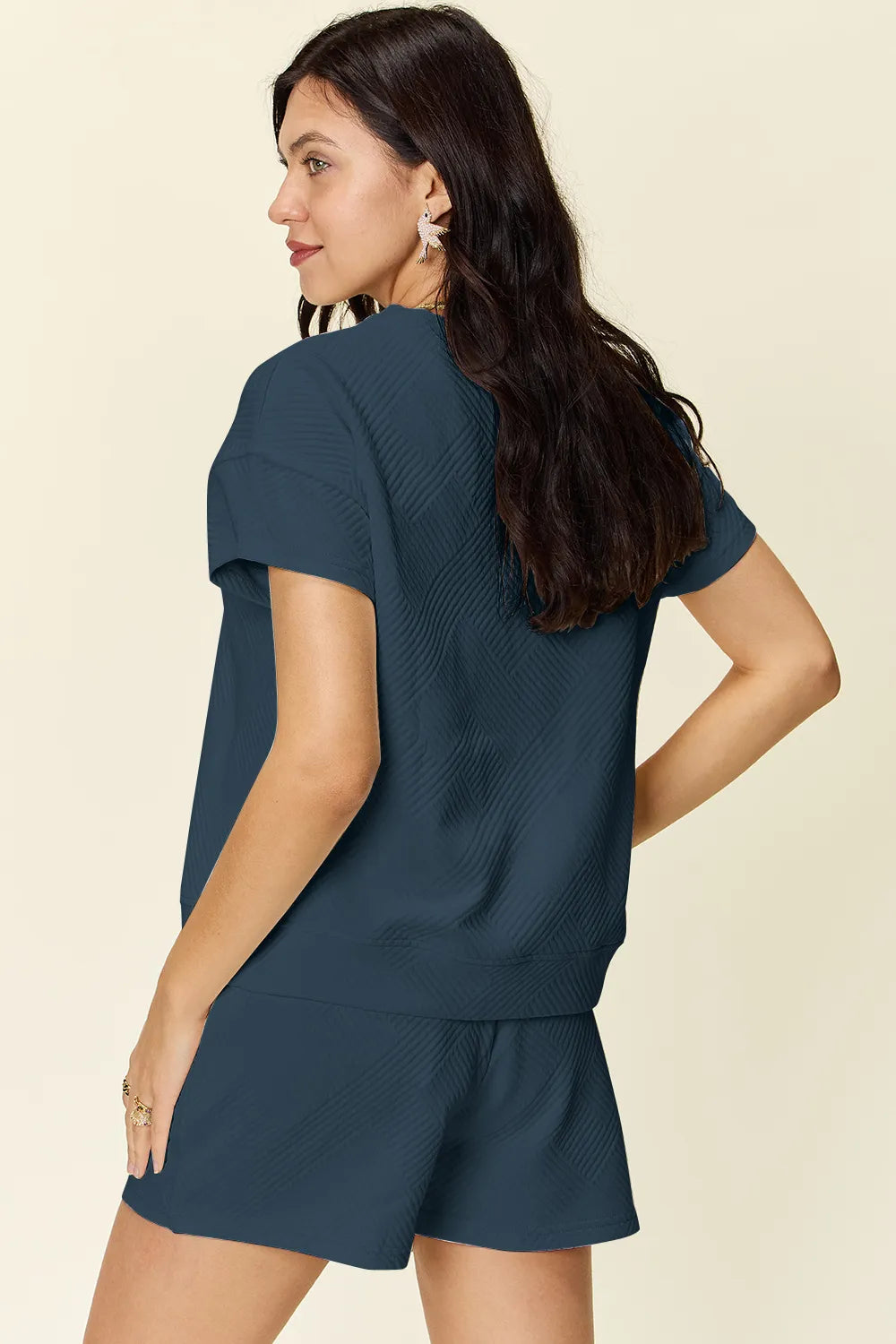 Double Take Full Size Texture Short Sleeve T-Shirt and Drawstring Shorts Set - kinko