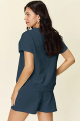 Double Take Full Size Texture Short Sleeve T-Shirt and Drawstring Shorts Set - kinko