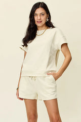 Double Take Full Size Texture Short Sleeve T-Shirt and Drawstring Shorts Set - kinko