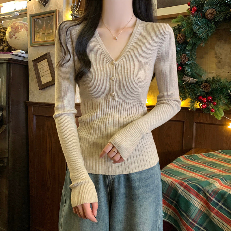 Waist-tight Slimming V-neckline Long-sleeved Women's Temperament Commute Pure Sweater - kinko