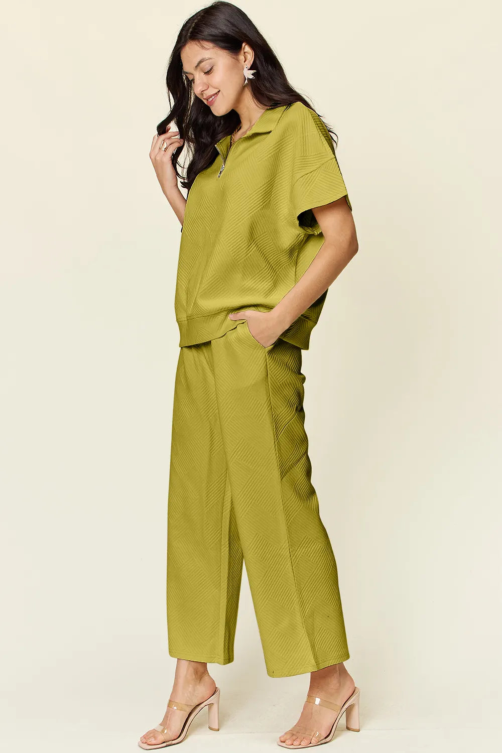 Double Take Full Size Texture Half Zip Short Sleeve Top and Pants Set - kinko