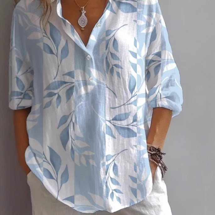 Fashion Printing Lapel Long Sleeve Shirt Top - kinko