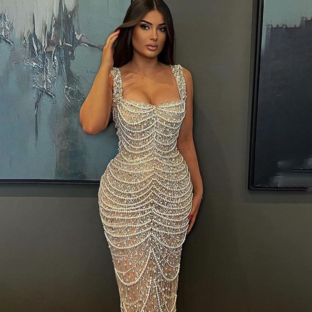 Nude Elegant Sling Light Luxury High-end Pearl Beaded Dress - kinko