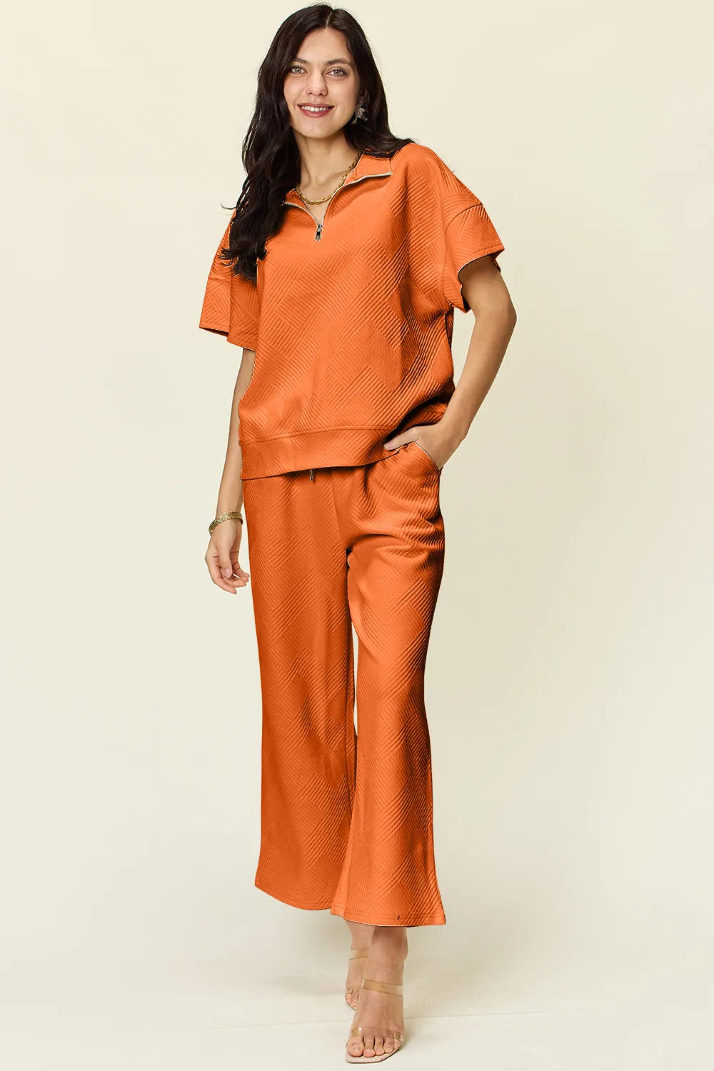 Double Take Full Size Texture Half Zip Short Sleeve Top and Pants Set - kinko