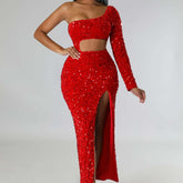 One-shoulder Fashionable Sequins Sexy Navel Split Hip Women's Clothing Dress - kinko