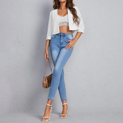 Women's Cropped Blazers Collarless 3 4 Sleeve Open Front Lightweight Cardigan Casual Work Office Suit Blazer Jackets