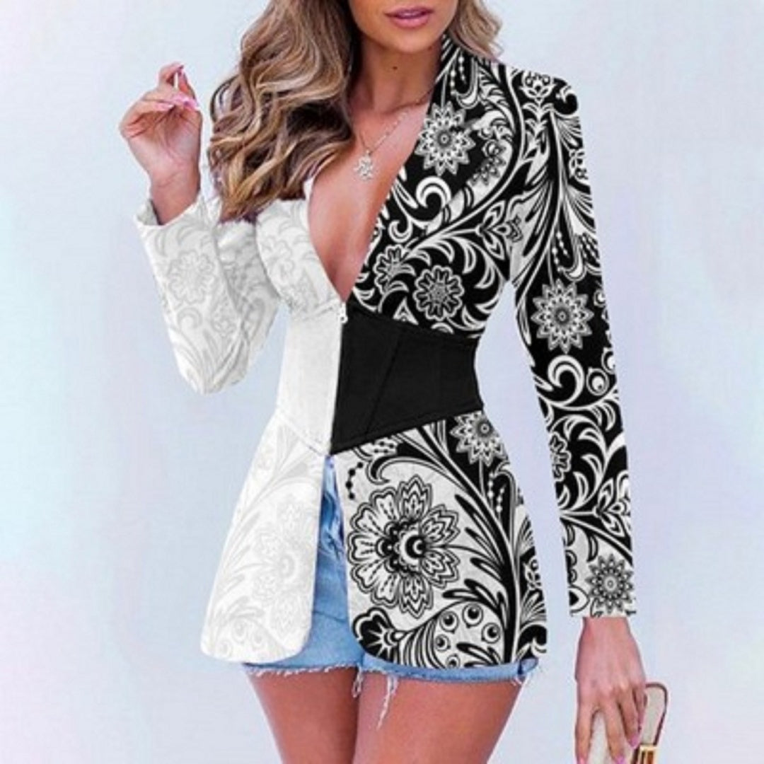 Women's Printed Contrast Color Lapels Blazer - kinko