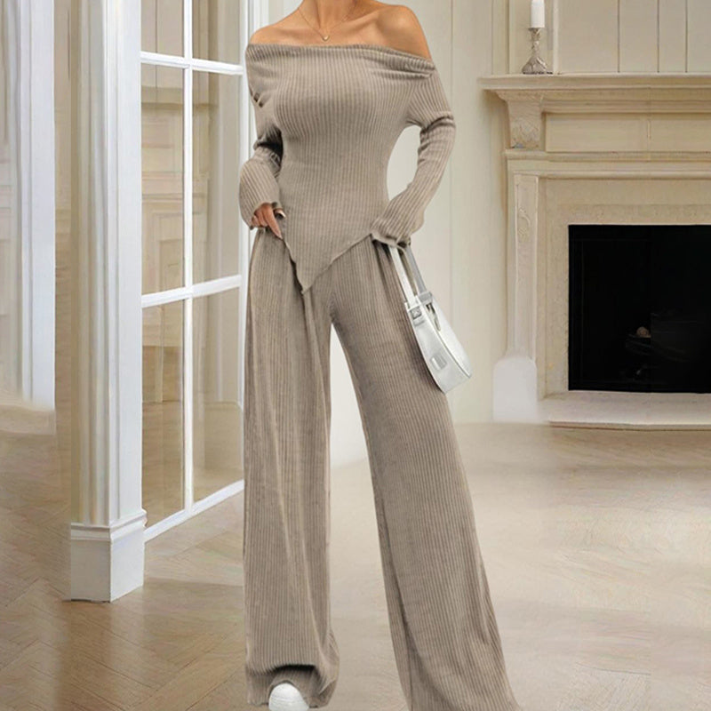 Women's Solid Color Off-Shoulder Long Sleeve Top & Pants Set - Elegant Asymmetrical Hem & Ruffes Cuff Casual Outfit - kinko