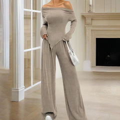 Women's Solid Color Off-Shoulder Long Sleeve Top & Pants Set - Elegant Asymmetrical Hem & Ruffes Cuff Casual Outfit - kinko