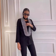 Black Shiny Sequined Deep V-neck Blazer - kinko