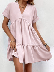 New Short-sleeved V-neck Dress Summer Casual Sweet Ruffled Dresses Solid Color Holiday Beach Dress For Womens Clothing - kinko