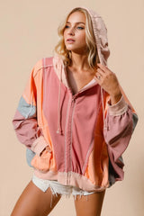 Double Take Full Size Color Block Zip Up Hoodie - kinko