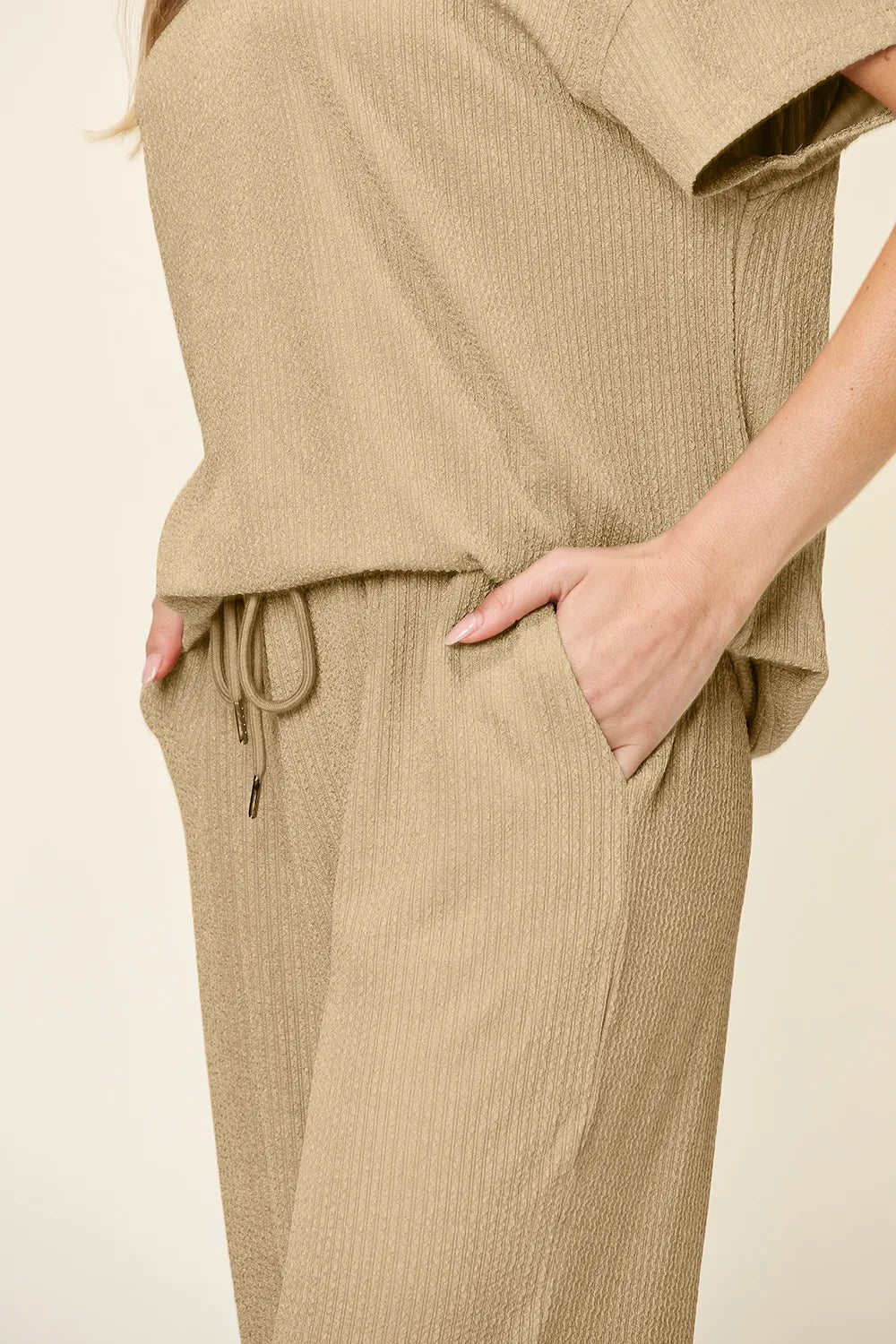 Double Take Full Size Texture Round Neck Short Sleeve T-Shirt and Wide Leg Pants - kinko
