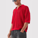 Hollow Mesh Texture Knitted Short-sleeved Polo Shirt - kinko
