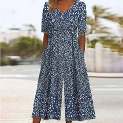 Spring And Summer Print Women's Pocket Collar Jumpsuit - kinko