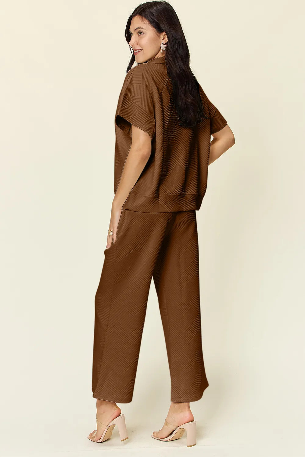 Double Take Full Size Texture Half Zip Short Sleeve Top and Pants Set - kinko