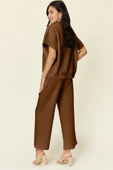 Double Take Full Size Texture Half Zip Short Sleeve Top and Pants Set - kinko