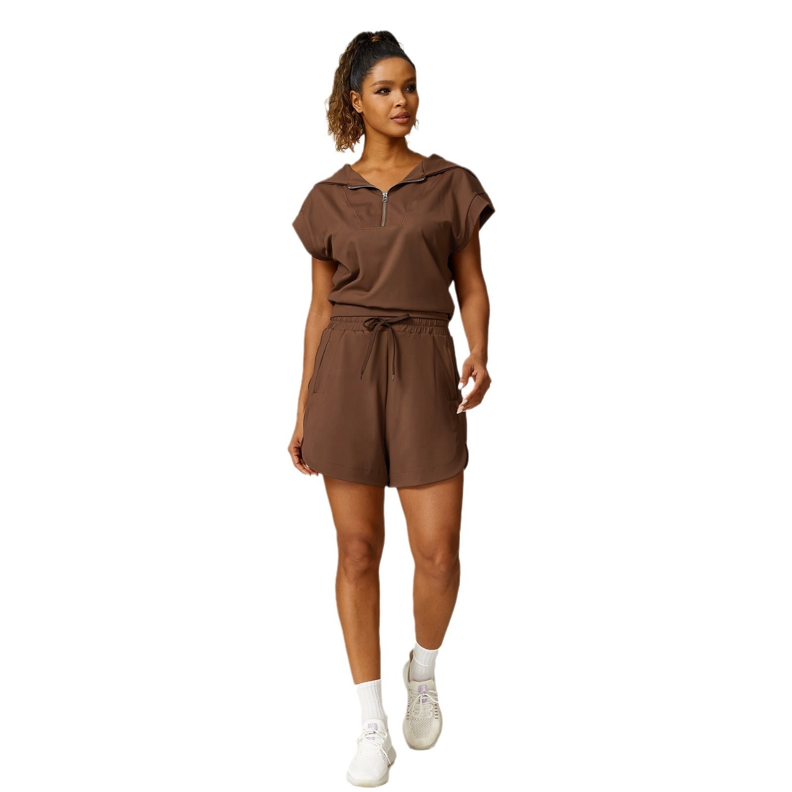 Loose Half Zipper And Lapel Sleeveless Top Casual Trousers Lace-up Shorts Three-piece Set - kinko