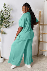 Double Take Full Size Round Neck Slit Top and Pants Set - kinko