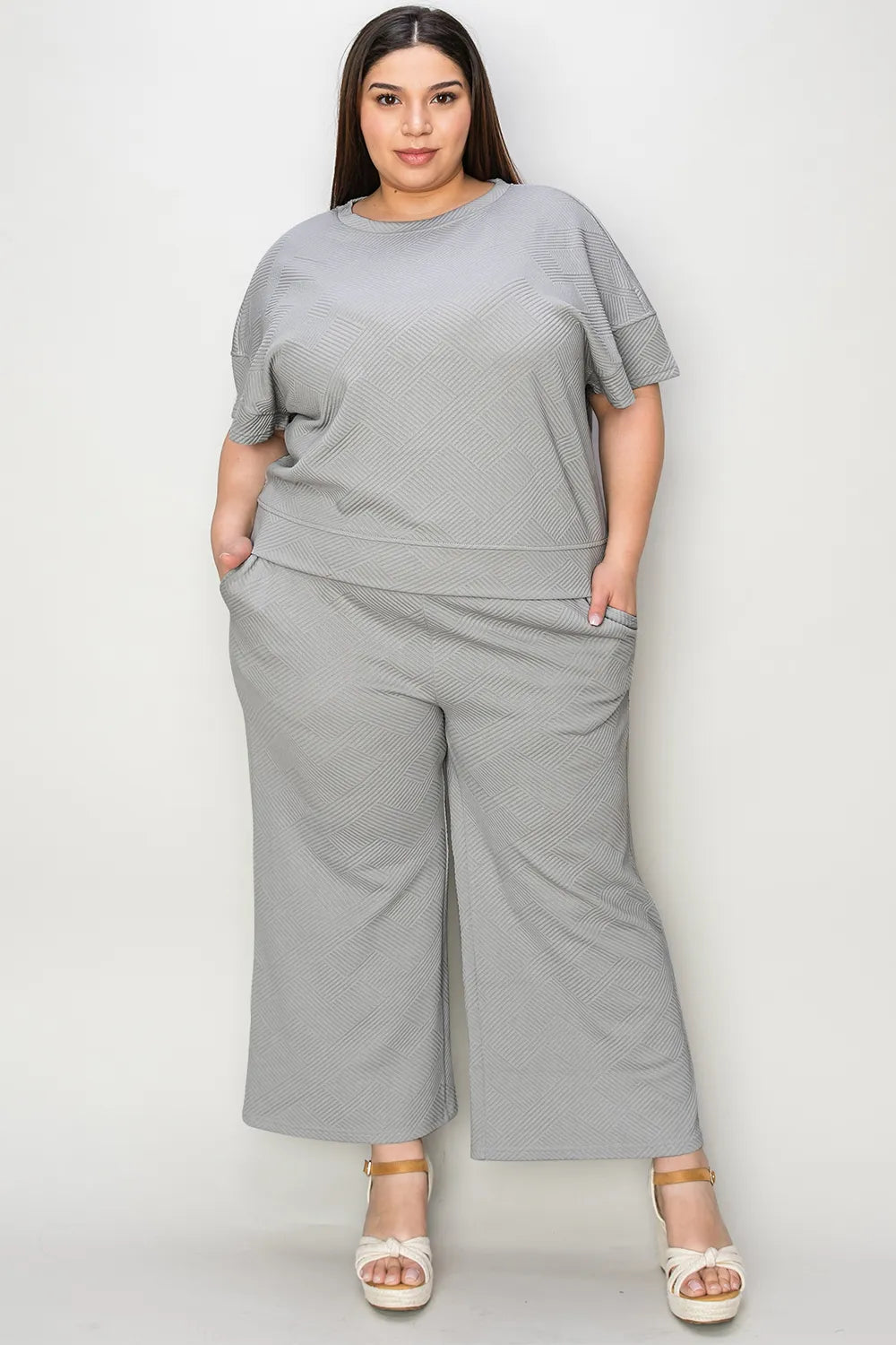 Double Take Full Size Texture Short Sleeve Top and Pants Set - kinko