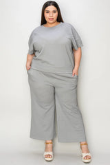 Double Take Full Size Texture Short Sleeve Top and Pants Set - kinko