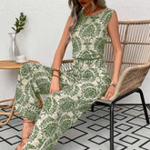 Printed Waist Cinching Casual Straight Leg Pants Set - kinko