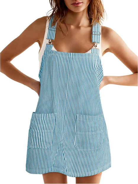 Striped Pocket Strap Adjustable Casual Dress - kinko