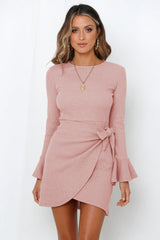 Women's Long Sleeve Dress Ruffle Flared Sleeve Bowknot Waffle Temperament Short Dresses - kinko