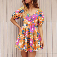 Flowers Print V-Neck Lantern-sleeve Dress Y2K Summer Vacation Beach Short Dresses Fashion Womens Clothing - kinko
