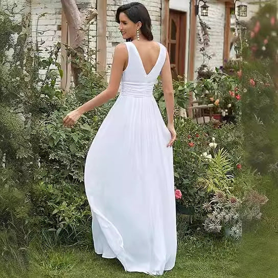 Women's Elegant Graceful Deep V-neck Sleeveless Chiffon Formal Maxi Evening Dress - kinko