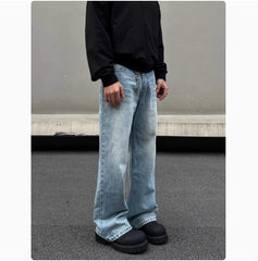Men's Retro Whisker Washed Blue Straight Jeans - kinko