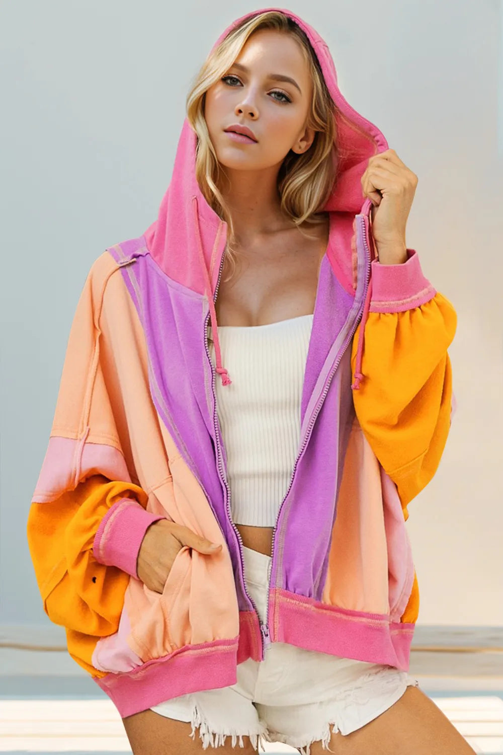 Double Take Full Size Color Block Zip Up Hoodie - kinko