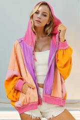 Double Take Full Size Color Block Zip Up Hoodie - kinko