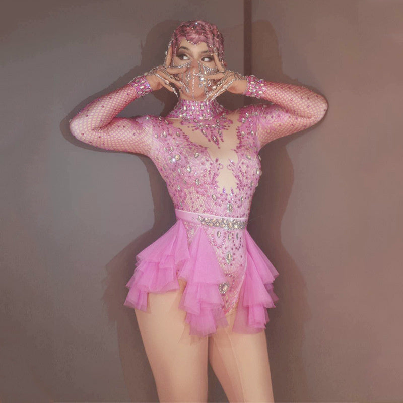 Dance Sexy Shiny Rhinestone Mesh Jumpsuit Stage Performance Costume Women - kinko