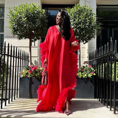 African Women's Loose Dress Luxury Fully Surrounded Light Feather Batwing Sleeve High Slit Robe - kinko