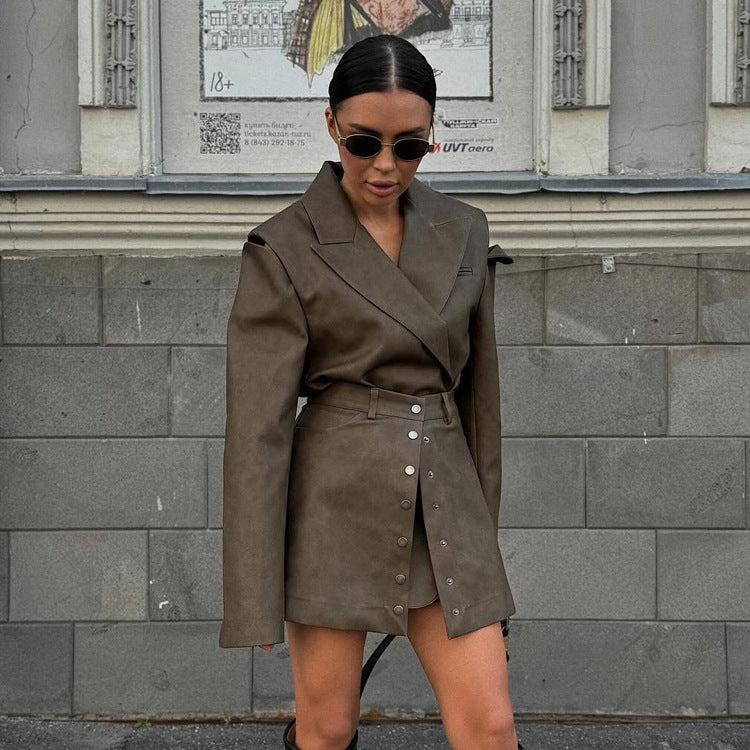 Vintage PU Leather Hollow Out Long Sleeve Top Skirt Suit - kinko