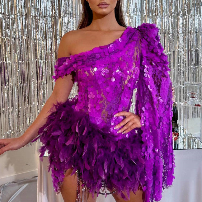 Purple Sequined Feather Skirt One-shoulder Sleeve Short Dress Luxury Party Stage Performance Dress - kinko