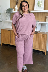 Double Take Full Size Texture Short Sleeve Top and Pants Set - kinko