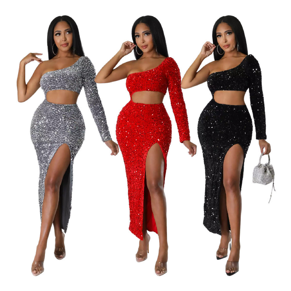 One-shoulder Fashionable Sequins Sexy Navel Split Hip Women's Clothing Dress - kinko