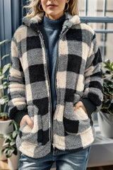 Double Take Full Size Plaid Long Sleeve Hooded Coat - kinko