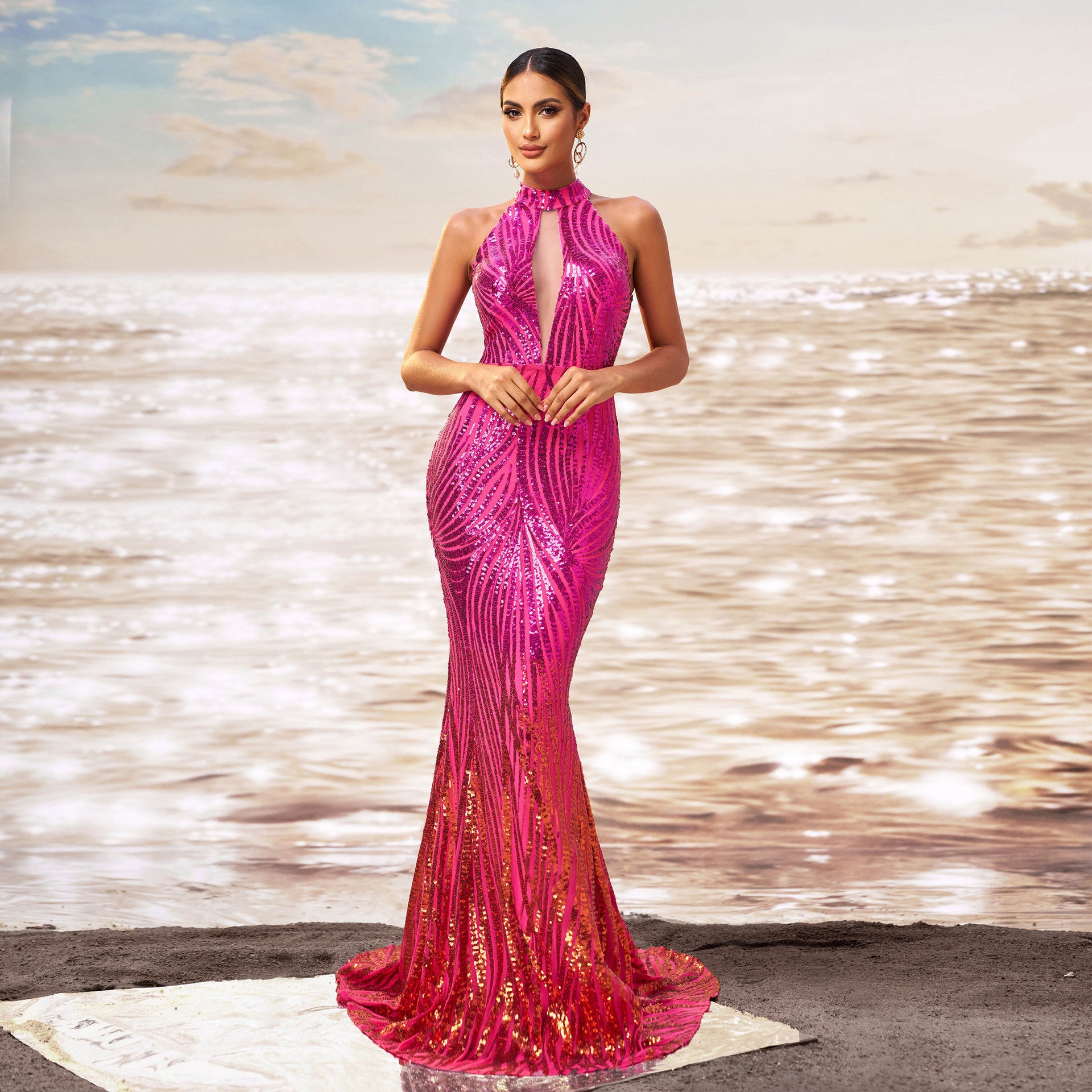 Round Neck Off-the-shoulder Slim-fit Sheath Sequined Banquet Fishtail Evening Dress - kinko