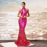 Round Neck Off-the-shoulder Slim-fit Sheath Sequined Banquet Fishtail Evening Dress - kinko