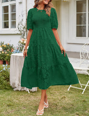 Women's Summer Casual Lace Dress Floral Ruffle Puff Short Sleeve High Waist Midi Beach Dresses - kinko